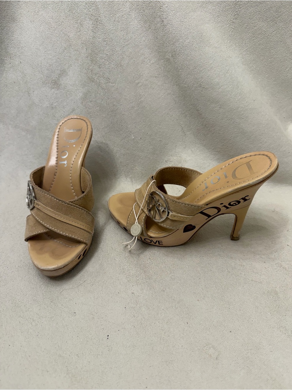 Dior Peace and Love Tan Suede Crossover Mule Sandals with Signature Logo